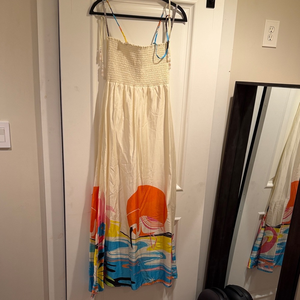 Maaji Cream Maxi Dress with Orange, Blue and Pink Sunset Print
